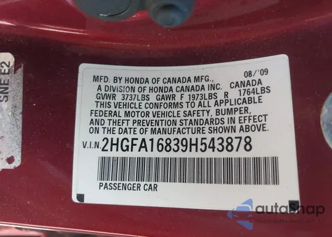 2009 Honda Civic Ex z USA, uszkodzony, nr VIN 2HGFA16839H543878